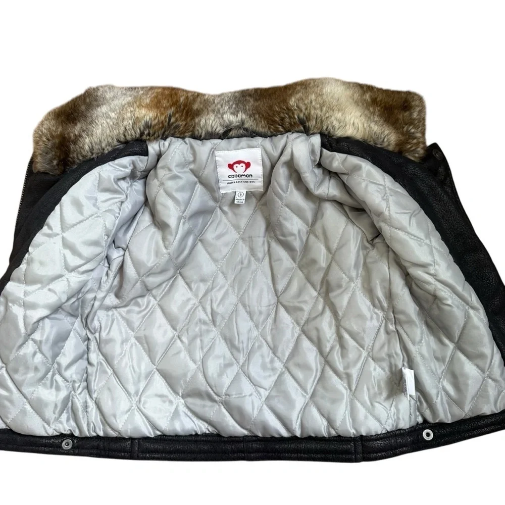 Appaman Moto Jacket Girls Size 5 Black Faux Fur Trim Collar Faux Leather Winter